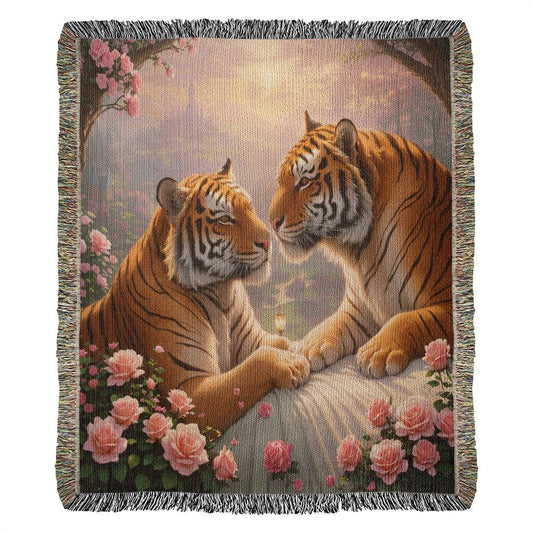 Tigers And Pink Roses With Caslte Background - Valentine's Day Gift Heirloom Woven Blanket