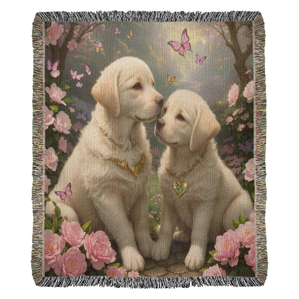 Puppies Butterflies And Roses - Valentine's Day Gift- Heirloom Woven Blanket