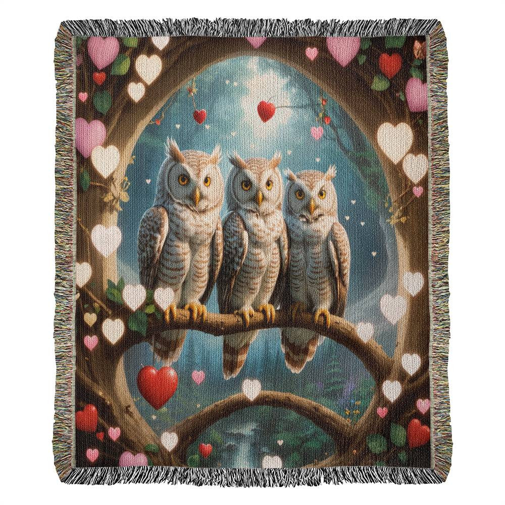 Owls And Heart Leaves - Valentine's Day Gift - Heirloom Woven Blanket