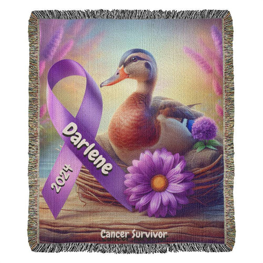 Duck With Ribbon-Cancer Survivor- Purple Ribbon-Personalized Heirloom Woven Blanket