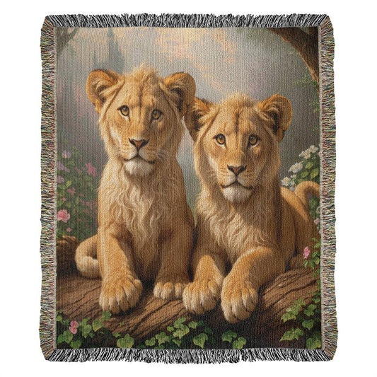 Lions With Castle Background - Heirloom Woven Blanket