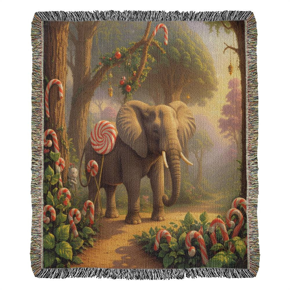 Elelphant Enjoying the Candy Cane Jungle - Heirloom Woven Blanket