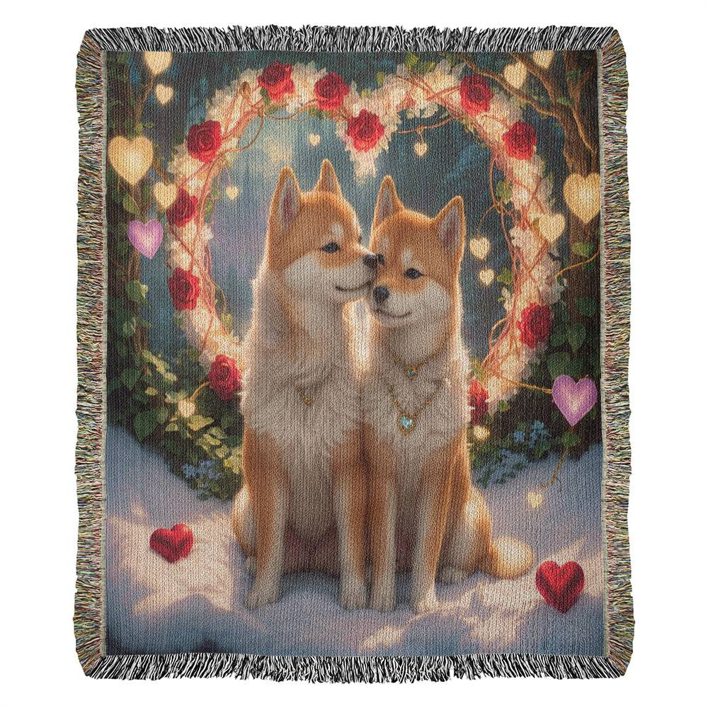 Puppies Nose Kisses Hearts And Roses - Valentine's Day Gift - Heirloom Woven Blanket