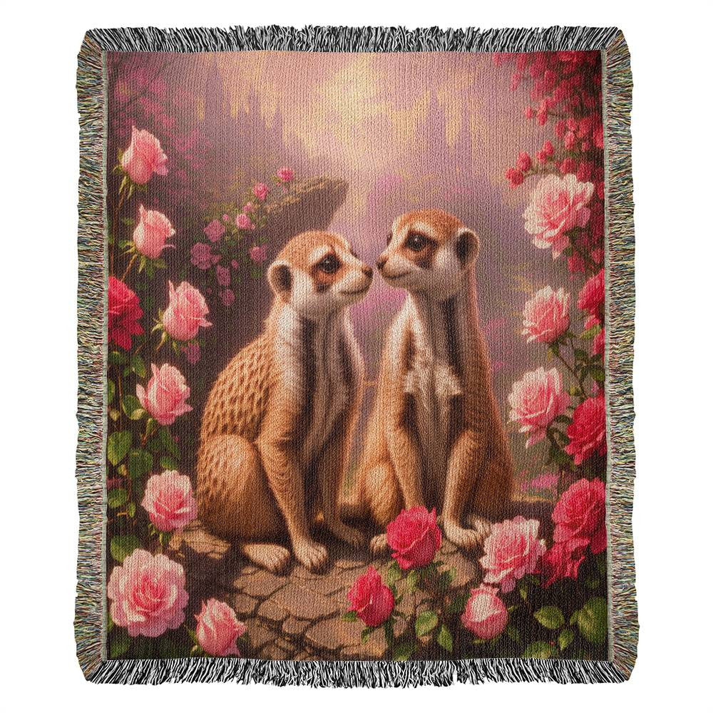Meerkats With Pink And Red Roses - Valentine's Day Gift- Heirloom Woven Blanket