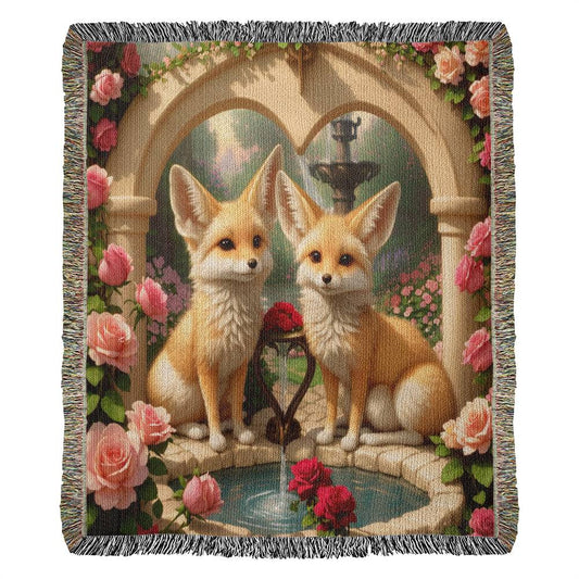 Foxes Near A Fountain And Pink Roses - Valentine's Day Gift - Heirloom Woven Blanket