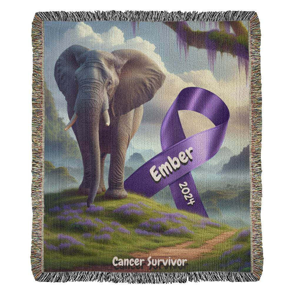 Elephant With Ribbon-Cancer Survivor- Purple Ribbon-Personalized Heirloom Woven Blanket