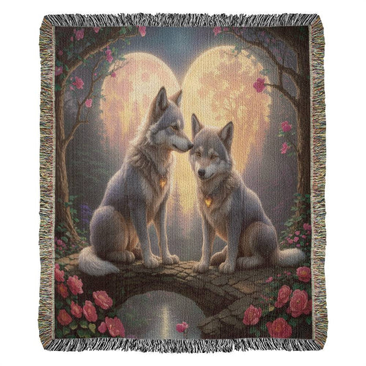 Wolves With Heart Shaped Moon - Valentine's Day Gift - Heirloom Woven Blanket