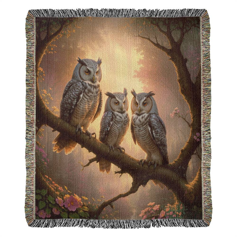 Owls And Wooded Sunset - Heirloom Woven Blanket
