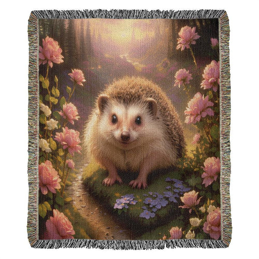 Hedgehog In Garden Of Pink Flowers - Heirloom Woven Blanket