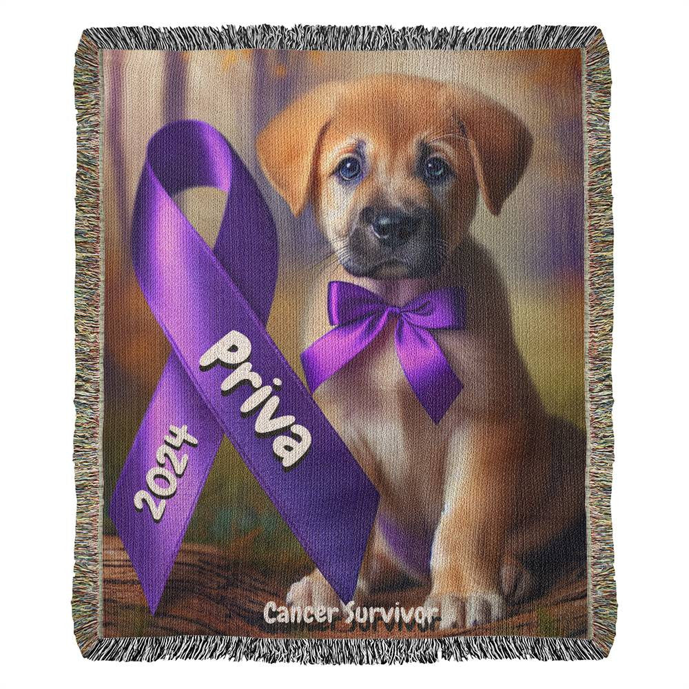 Puppy With Ribbon-Cancer Survivor- Purple Ribbon-Personalized Heirloom Woven Blanket