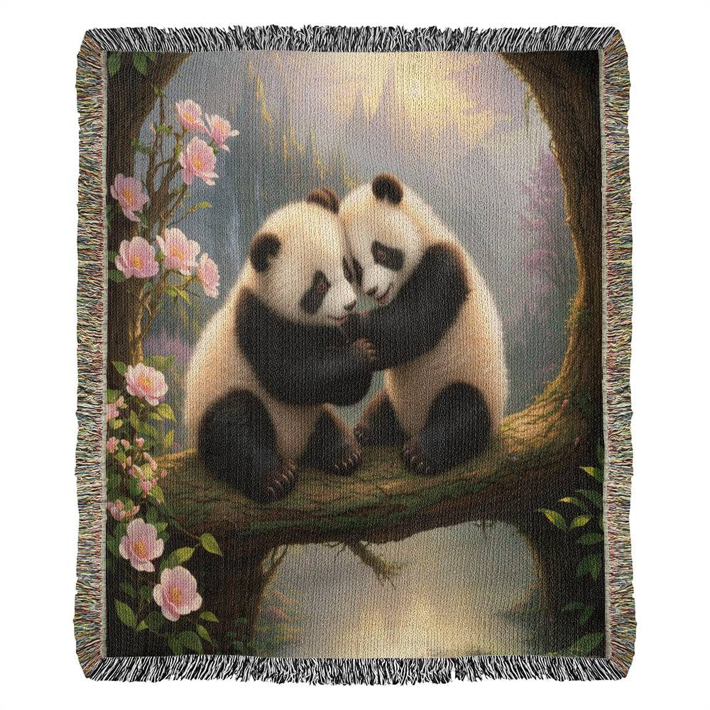 Pandas Snuggle Castle Background - Heirloom Woven Blanket