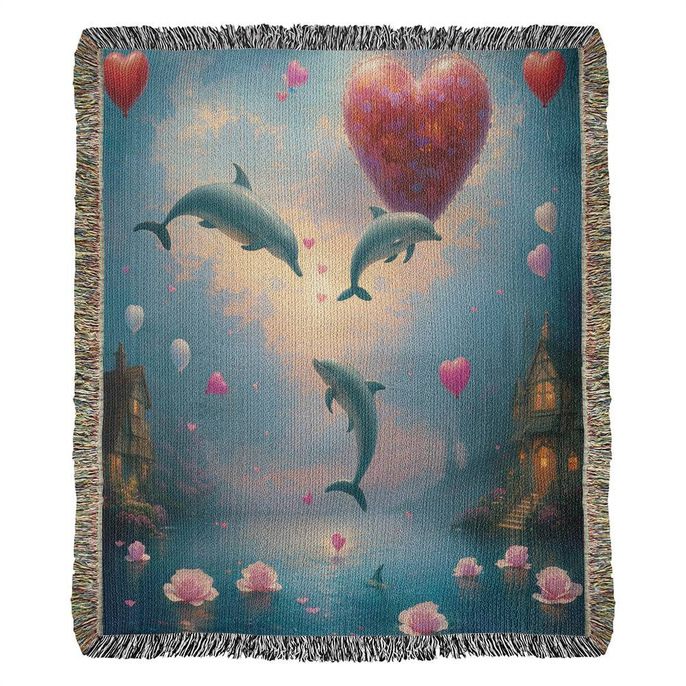 Dolphins With Heart Balloons - Valentine's Day Gift - Heirloom Woven Blanket