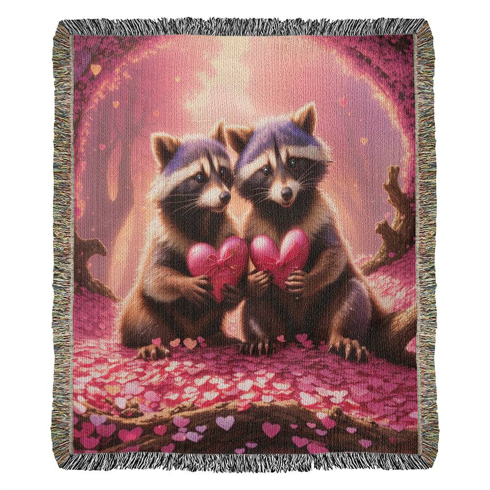 Racoons Share Their Hearts - Valentine's Day Gift - Heirloom Woven Blanket