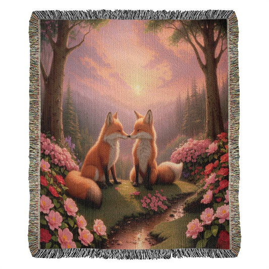 Foxes Share A Nose Kiss - Valentine's Day Gift - Heirloom Woven Blanket