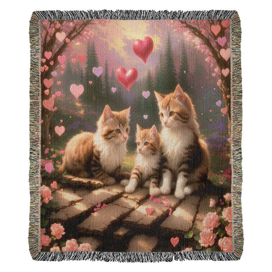 Kittens - Pink Roses And Heart Balloons- Valentine's Day Gift - Heirloom Woven Blanket