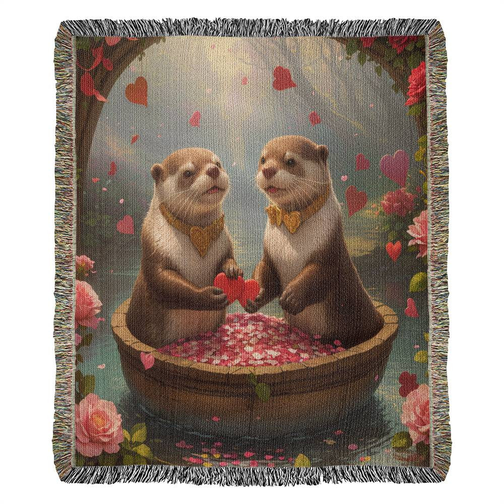 Otters In A Basket With Rose Petals - Valentine's Day Gift - Heirloom Woven Blanket
