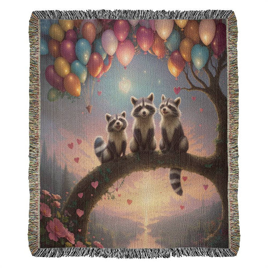 Racoons With Balloons And Fallen Hearts - Valentine's Day Gift - Heirloom Woven Blanket