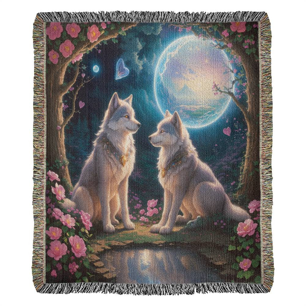 Wolves Under Cosmic Full Moon - Valentine's Day Gift - Heirloom Woven Blanket