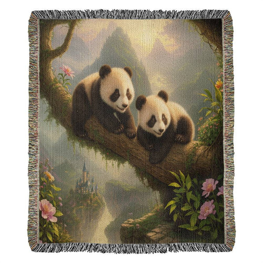Panda Play In The Mountain Trees - Heirloom Woven Blanket
