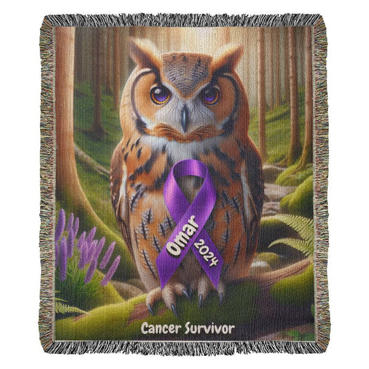 Owl With Ribbon-Cancer Survivor- Purple Ribbon-Personalized Heirloom Woven Blanket