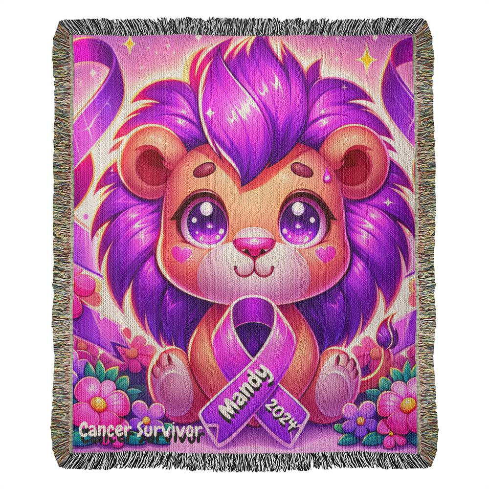 Lion-Cancer Survivor- Purple Ribbon-Personalized Heirloom Woven Blanket