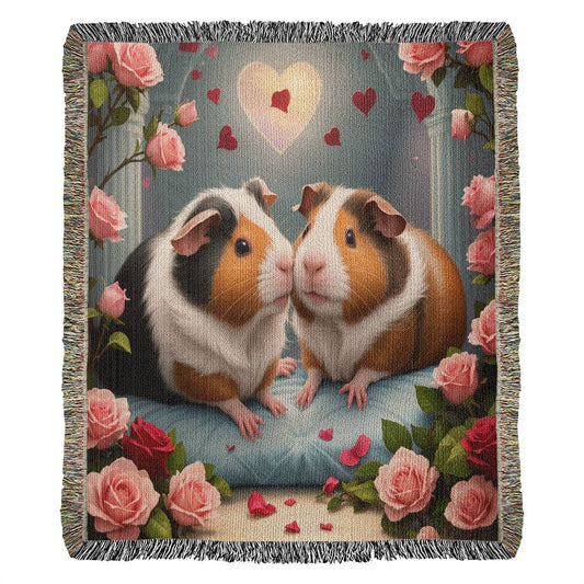 Guinea Pigs In Love-Pink And Red Roses - Valentine's Day Gift - Heirloom Woven Blanket