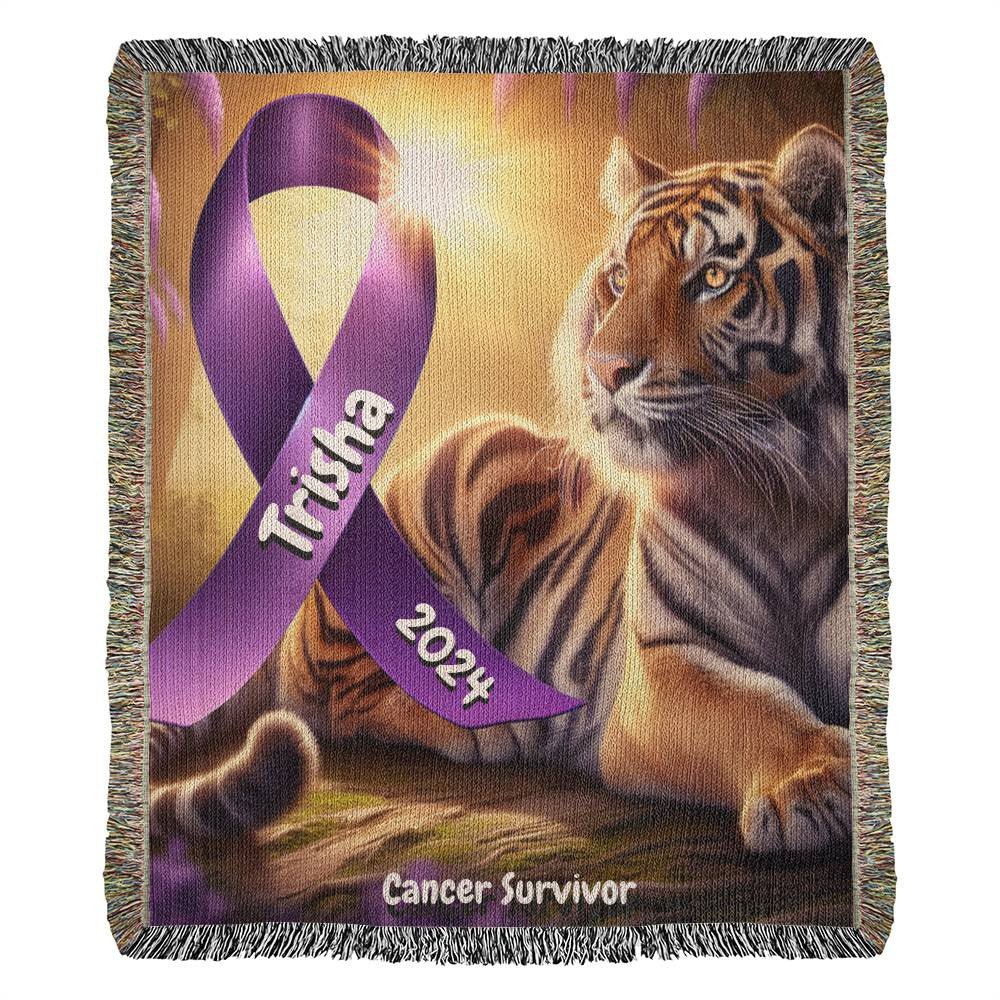 Tiger With Ribbon-Cancer Survivor- Purple Ribbon-Personalized Heirloom Woven Blanket