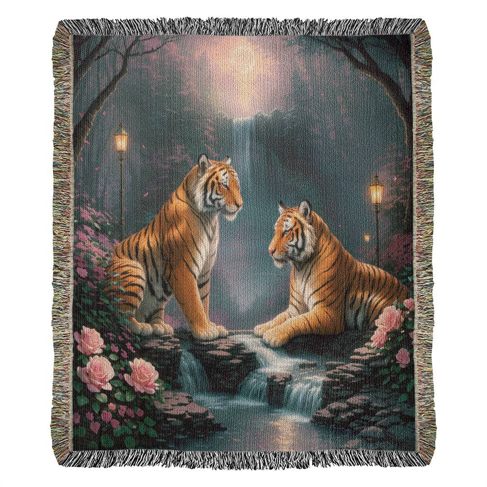 Tigers Enjoy A Romantic Waterfall - Valentine's Day Gift - Heirloom Woven Blanket