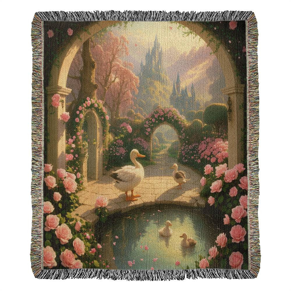 Ducks in a Pink Rose Garden - Valentine's Day Gift - Heirloom Woven Blanket