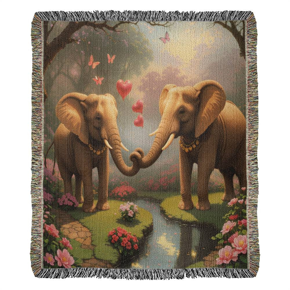 Elelphants Share a Moment In Garden - Valentine's Day Gift - Heirloom Woven Blanket