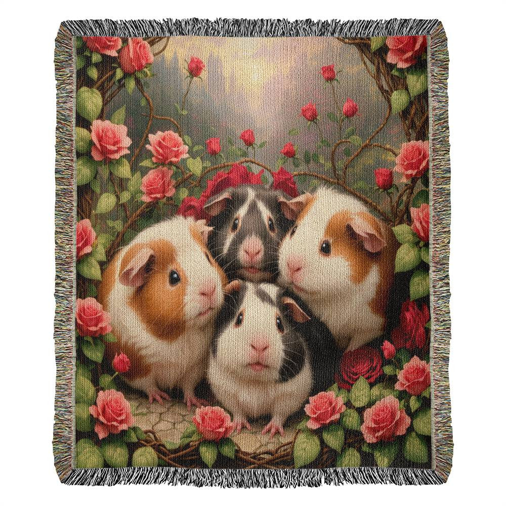 Guinea Pigs Family Intertwined in Pink And Red Roses - Valentine's Day Gift - Heirloom Woven Blanket