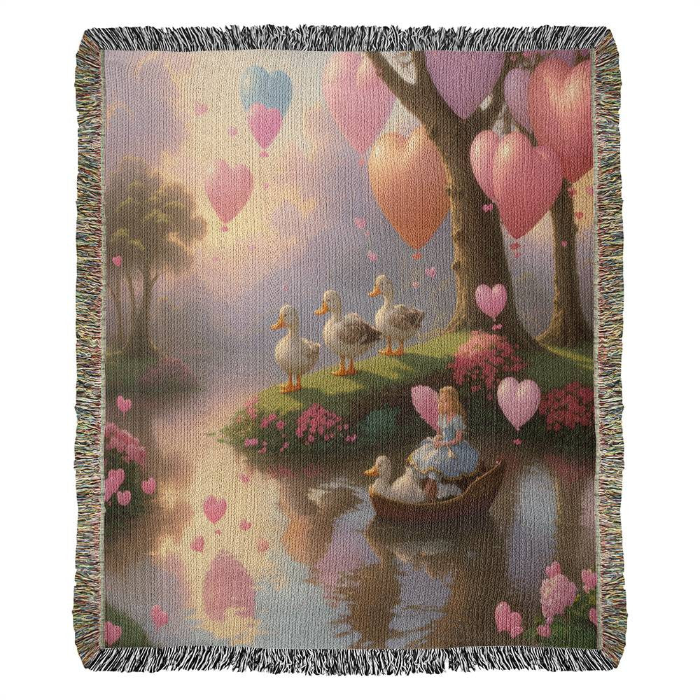 Ducks in a Creek With Heart Balloons - Valentine's Day Gift - Heirloom Woven Blanket