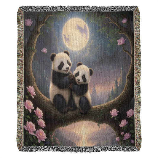 Pandas Under Full Moon And Pink Roses - Valentine's Day Gift - Heirloom Woven Blanket