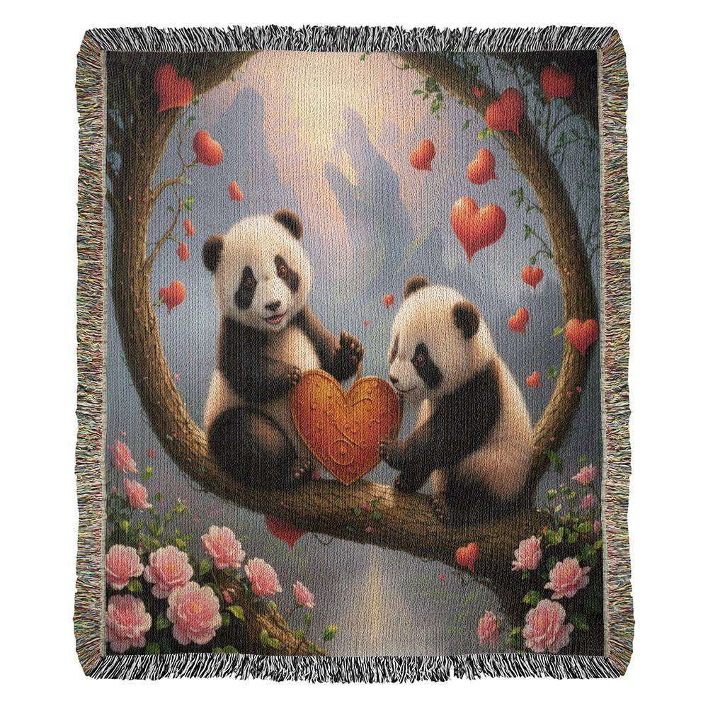Pandas Share A Heart - Valentine's Day Gift - Heirloom Woven Blanket