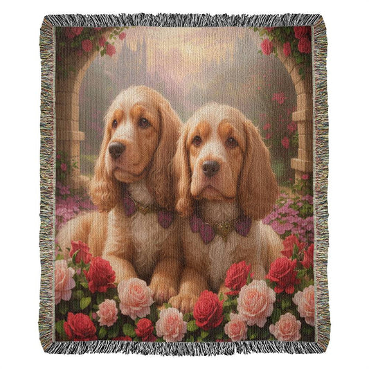 Puppies With Pink And Red Roses -Valentine's Day Gift - Heirloom Woven Blanket
