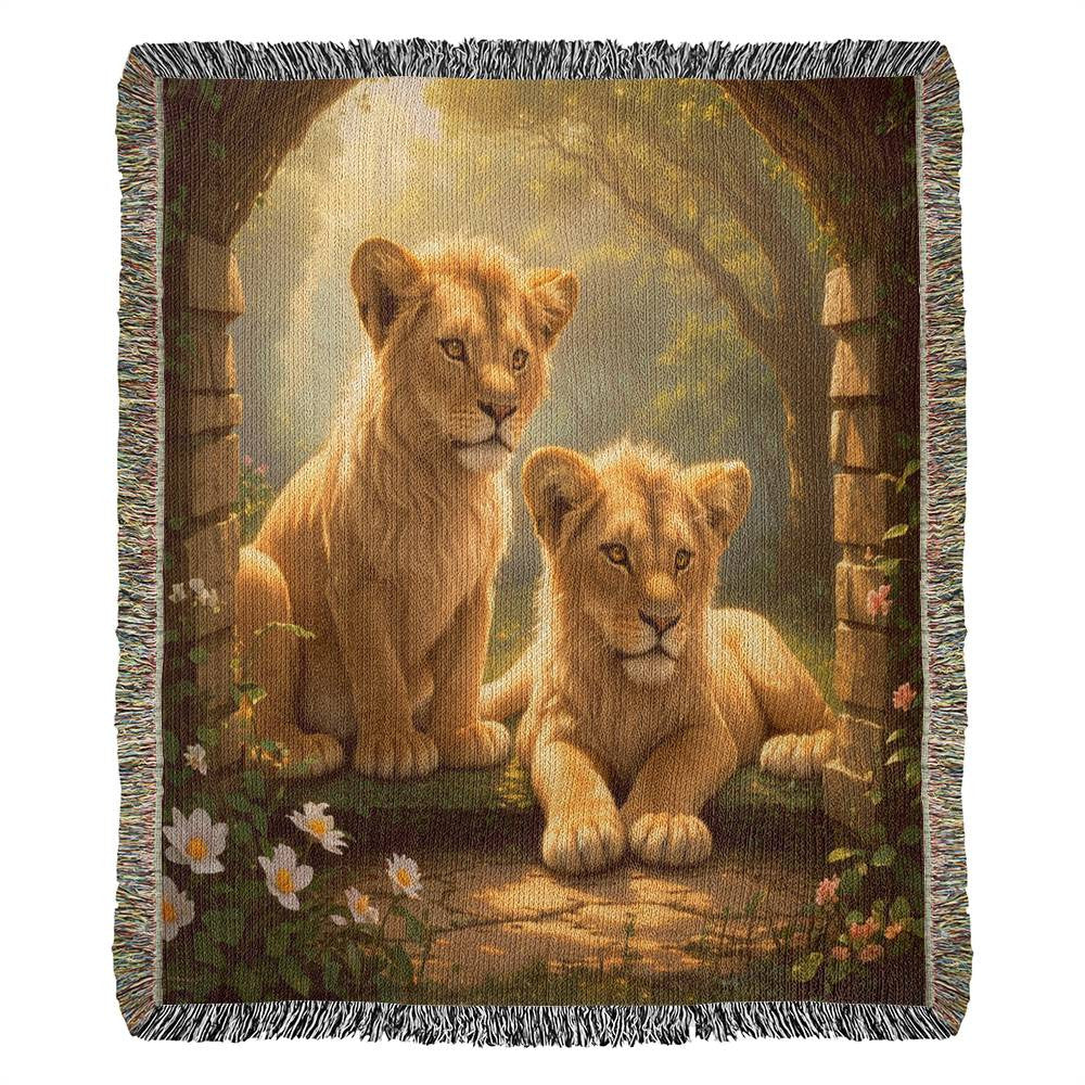 Lions Under Wooded Sunset - Heirloom Woven Blanket