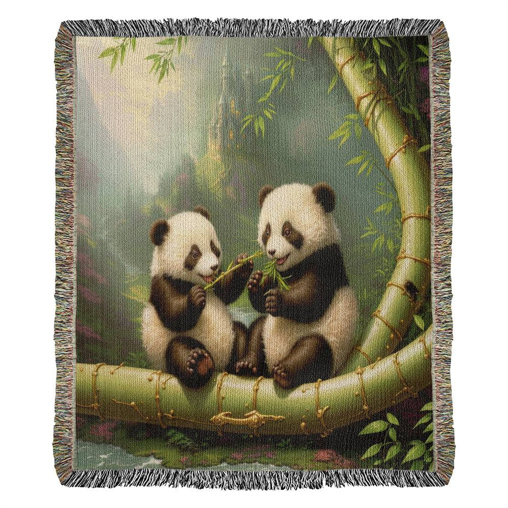 Pandas Enjoy Lunch On Bamboo - Heirloom Woven Blanket