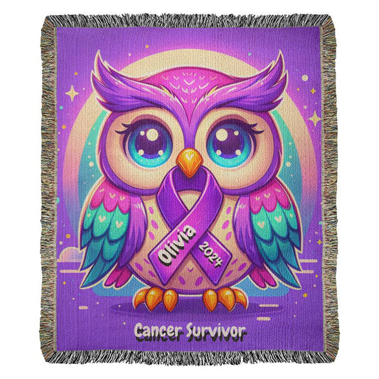 Owl-Cancer Survivor- Purple Ribbon-Personalized Heirloom Woven Blanket