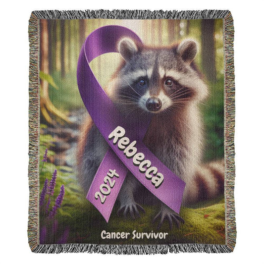 Racoon With Ribbon-Cancer Survivor- Purple Ribbon-Personalized Heirloom Woven Blanket