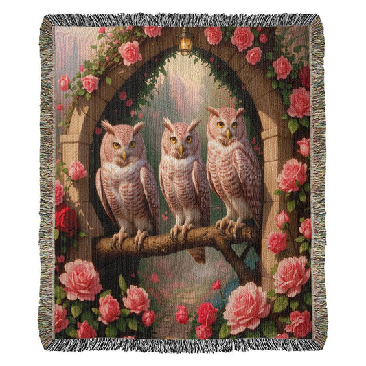 Owls And Pink Roses - Valentine's Day Gift - Heirloom Woven Blanket